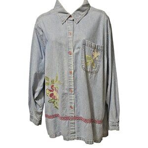 Delta Burke Shirt Top XL Denim Chambray Button Long Sleeve Embellished Flowers